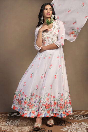 Womens Light Peach Organza Floral Printed Maxi Length Anarkali Kurta And Trouser With Dupatta Set