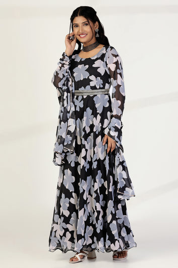 Womens Black Georgette Floral Printed Fit And Flare Maxi Length Dress With Dupatta Set