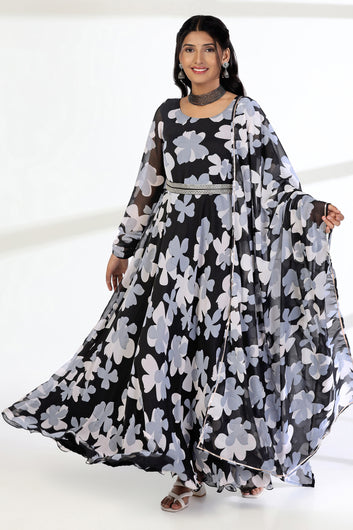 Womens Black Georgette Floral Printed Fit And Flare Maxi Length Dress With Dupatta Set