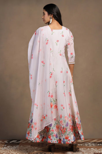 Womens Light Peach Organza Floral Printed Maxi Length Anarkali Kurta And Trouser With Dupatta Set