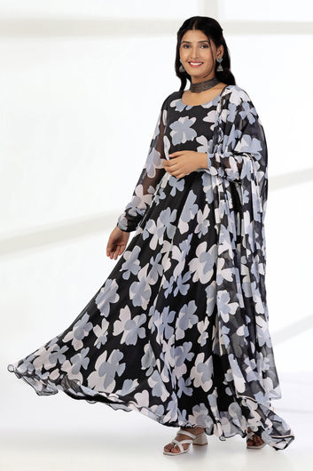 Womens Black Georgette Floral Printed Fit And Flare Maxi Length Dress With Dupatta Set