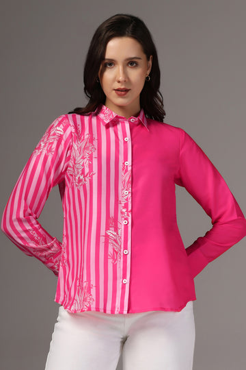 Womens Pink Muslin One Side Printed Regular Fit Shirt