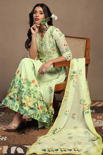 Womens Mint Green Organza Floral Printed Maxi Length Anarkali Kurta And Trouser With Dupatta Set