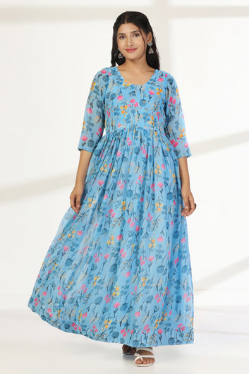 Womens Sky Blue Georgette Floral Printed A-line Maxi Dress With Dupatta Set