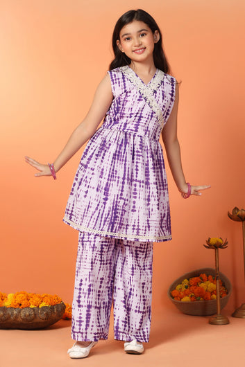 Girls Purple Georgette Printed Peplum Kurta With Palazzo Set