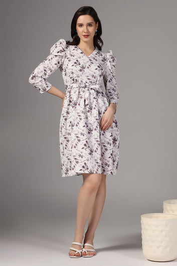 Womens White Sugarcane Floral Printed Above Knee Length Dress