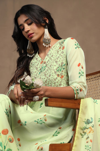 Womens Mint Green Organza Floral Printed Maxi Length Anarkali Kurta And Trouser With Dupatta Set