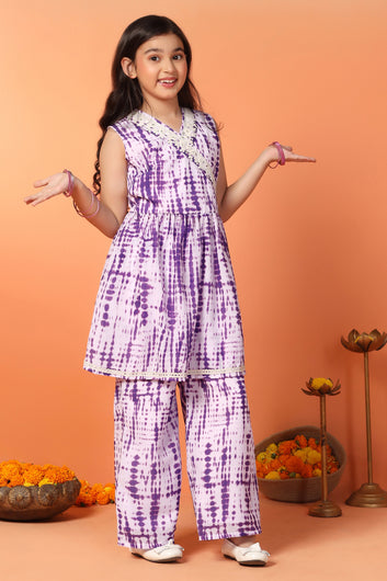 Girls Purple Georgette Printed Peplum Kurta With Palazzo Set