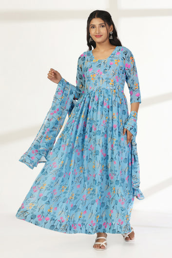 Womens Sky Blue Georgette Floral Printed A-line Maxi Dress With Dupatta Set