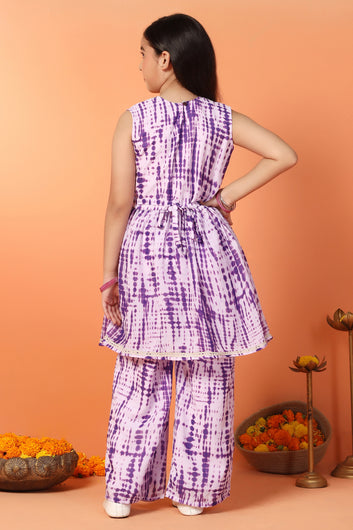 Girls Purple Georgette Printed Peplum Kurta With Palazzo Set