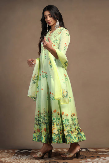 Womens Mint Green Organza Floral Printed Maxi Length Anarkali Kurta And Trouser With Dupatta Set