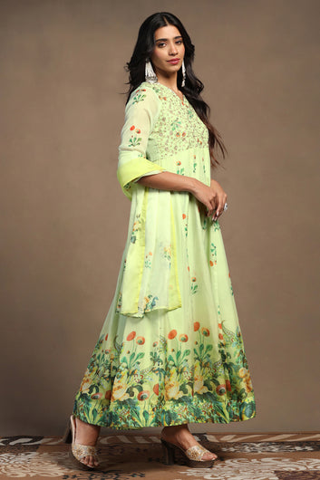 Womens Mint Green Organza Floral Printed Maxi Length Anarkali Kurta And Trouser With Dupatta Set