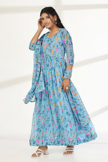 Womens Sky Blue Georgette Floral Printed A-line Maxi Dress With Dupatta Set