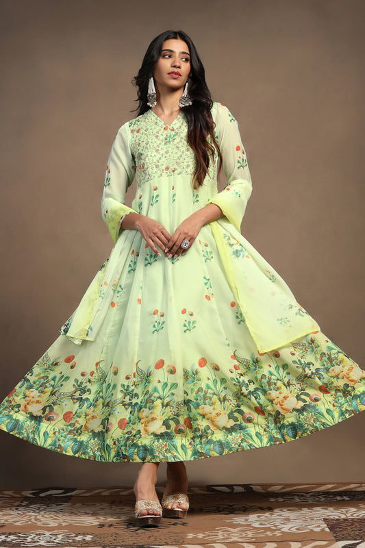 Womens Mint Green Organza Floral Printed Maxi Length Anarkali Kurta And Trouser With Dupatta Set