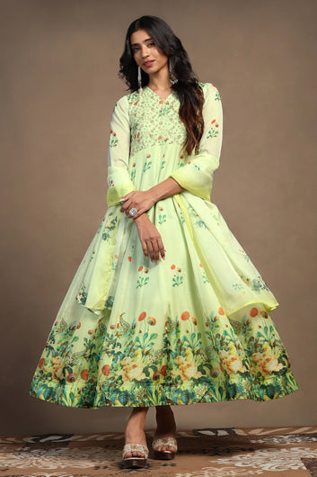 Womens Mint Green Organza Floral Printed Maxi Length Anarkali Kurta And Trouser With Dupatta Set