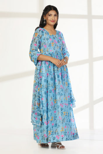 Womens Sky Blue Georgette Floral Printed A-line Maxi Dress With Dupatta Set