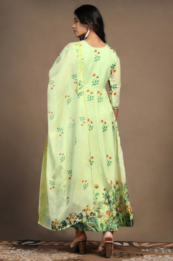 Womens Mint Green Organza Floral Printed Maxi Length Anarkali Kurta And Trouser With Dupatta Set