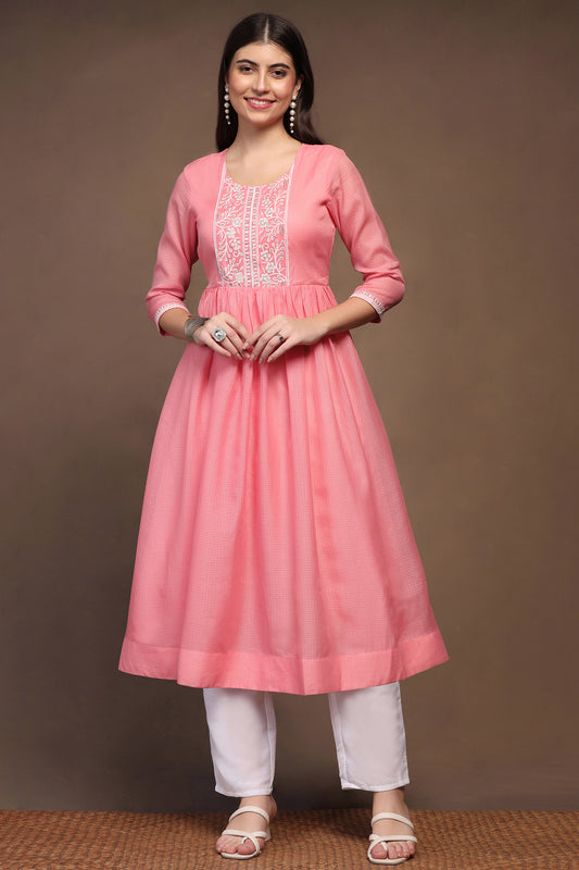 Womens Pink Kota Doriya Embroidered Calf Length Kurta With Trouser Set