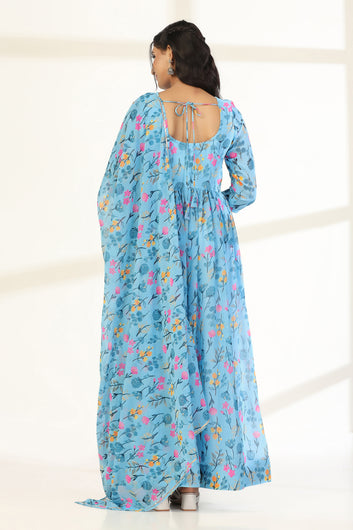 Womens Sky Blue Georgette Floral Printed A-line Maxi Dress With Dupatta Set