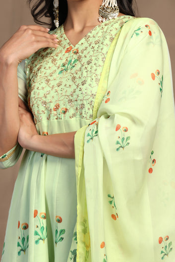 Womens Mint Green Organza Floral Printed Maxi Length Anarkali Kurta And Trouser With Dupatta Set