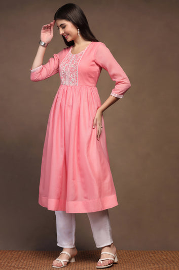 Womens Pink Kota Doriya Embroidered Calf Length Kurta With Trouser Set