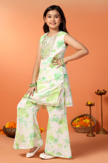 Girls Light Green Georgette Color Block Printed Straight Kurta With Sharara Set