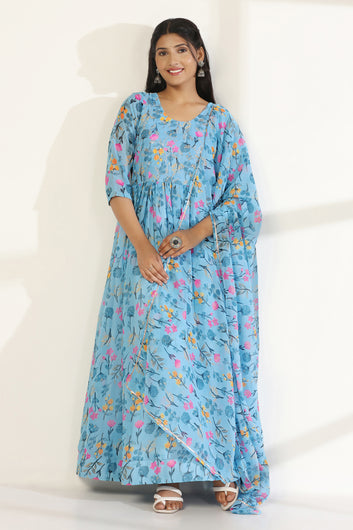 Womens Sky Blue Georgette Floral Printed A-line Maxi Dress With Dupatta Set