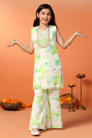 Girls Light Green Georgette Color Block Printed Straight Kurta With Sharara Set