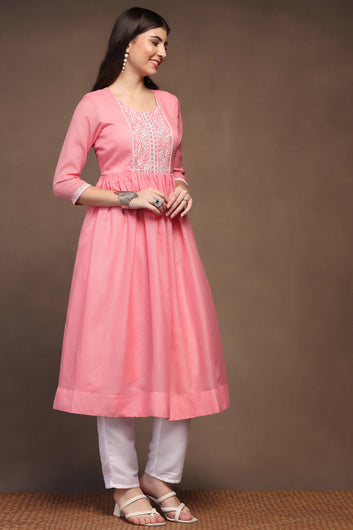 Womens Pink Kota Doriya Embroidered Calf Length Kurta With Trouser Set