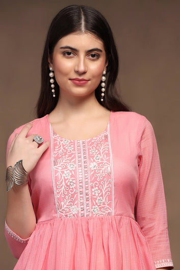 Womens Pink Kota Doriya Embroidered Calf Length Kurta With Trouser Set