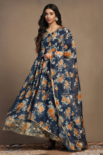 Womens Morpich Tabby Organza Floral Print Pleated Maxi Dress With Dupatta Set