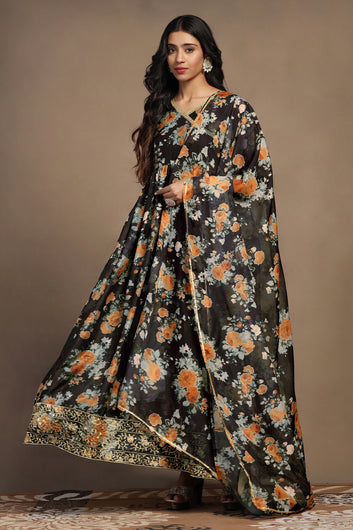 Womens Black Tabby Organza Gathered Floral Print A-Line Maxi Dress With Dupatta Set