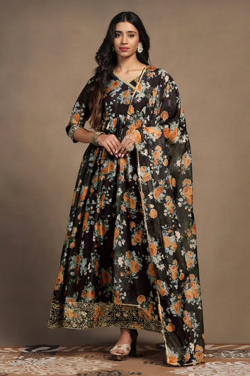 Womens Black Tabby Organza Gathered Floral Print A-Line Maxi Dress With Dupatta Set