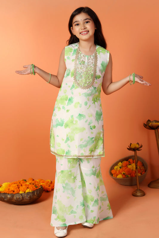 Girls Light Green Georgette Color Block Printed Straight Kurta With Sharara Set