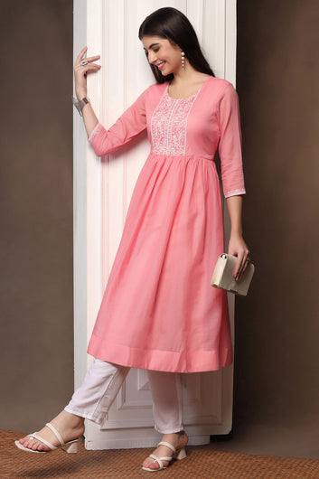 Womens Pink Kota Doriya Embroidered Calf Length Kurta With Trouser Set