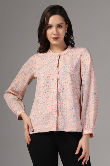 Womens Light Peach All Over Floral Printed Casual Top