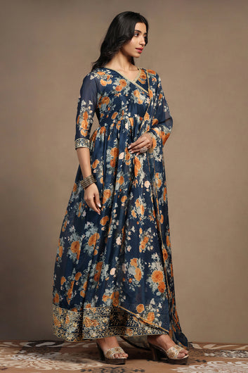 Womens Morpich Tabby Organza Floral Print Pleated Maxi Dress With Dupatta Set