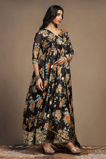 Womens Black Tabby Organza Gathered Floral Print A-Line Maxi Dress With Dupatta Set