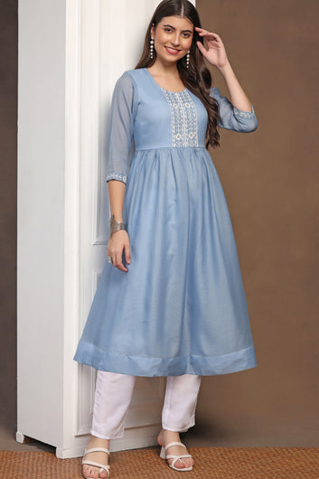 Womens Light Blue Kota Doriya Embroidered Calf Length Kurta With Trouser Set