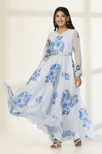 Womens Sky Blue Organza Floral Printed Fit And Flare Maxi Length Dress With Dupatta Set