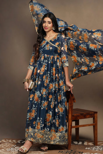 Womens Morpich Tabby Organza Floral Print Pleated Maxi Dress With Dupatta Set