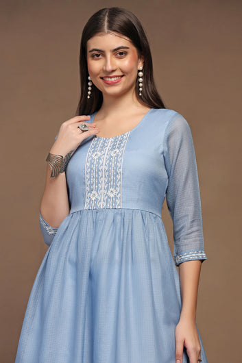 Womens Light Blue Kota Doriya Embroidered Calf Length Kurta With Trouser Set