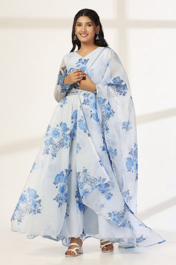 Womens Sky Blue Organza Floral Printed Fit And Flare Maxi Length Dress With Dupatta Set