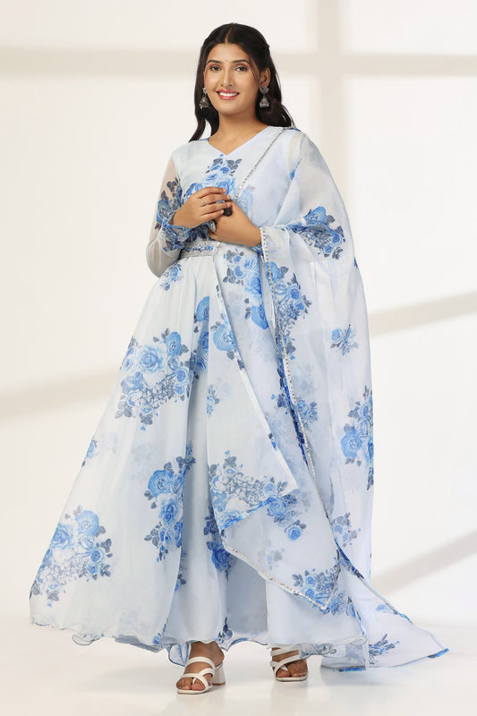 Womens Sky Blue Organza Floral Printed Fit And Flare Maxi Length Dress With Dupatta Set