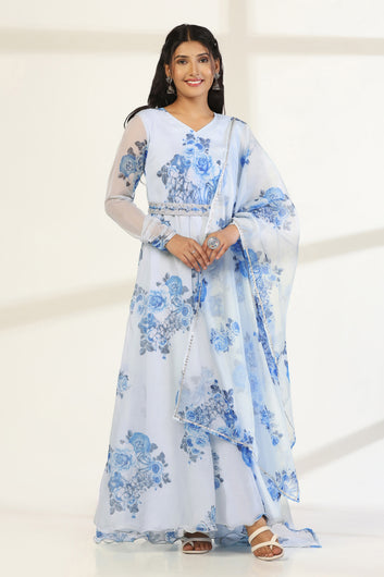 Womens Sky Blue Organza Floral Printed Fit And Flare Maxi Length Dress With Dupatta Set