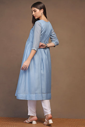 Womens Light Blue Kota Doriya Embroidered Calf Length Kurta With Trouser Set