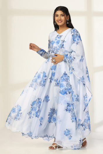 Womens Sky Blue Organza Floral Printed Fit And Flare Maxi Length Dress With Dupatta Set