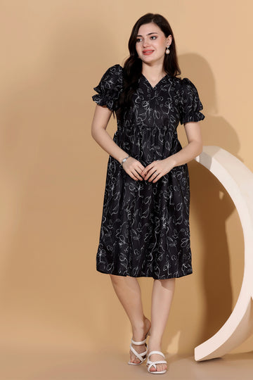 Womens Black Slub Polyester Floral Printed Calf Length Dress