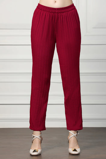 Womens Maroon Cotton Blend Solid Co-ords Halter Neck Top With Trouser Set