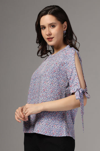 Womens Grey Floral Printed Casual Top